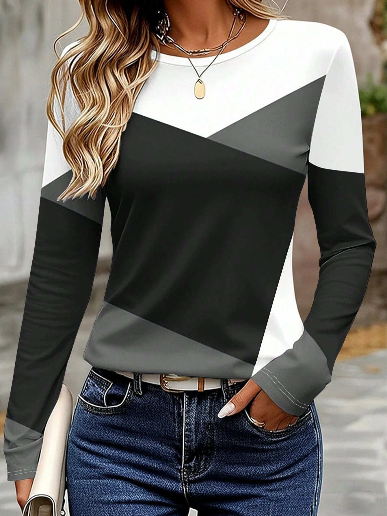 LUNE Plus Size Long Sleeve T-Shirt, Autumn Outdoor Top, Black And White Contrast Print Pattern, Graphic Design, Daily Wear, Casual Versatile, Outdoor, Commute Style