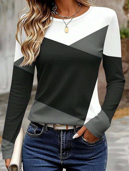 LUNE Plus Size Long Sleeve T-Shirt, Autumn Outdoor Top, Black And White Contrast Print Pattern, Graphic Design, Daily Wear, Casual Versatile, Outdoor, Commute Style