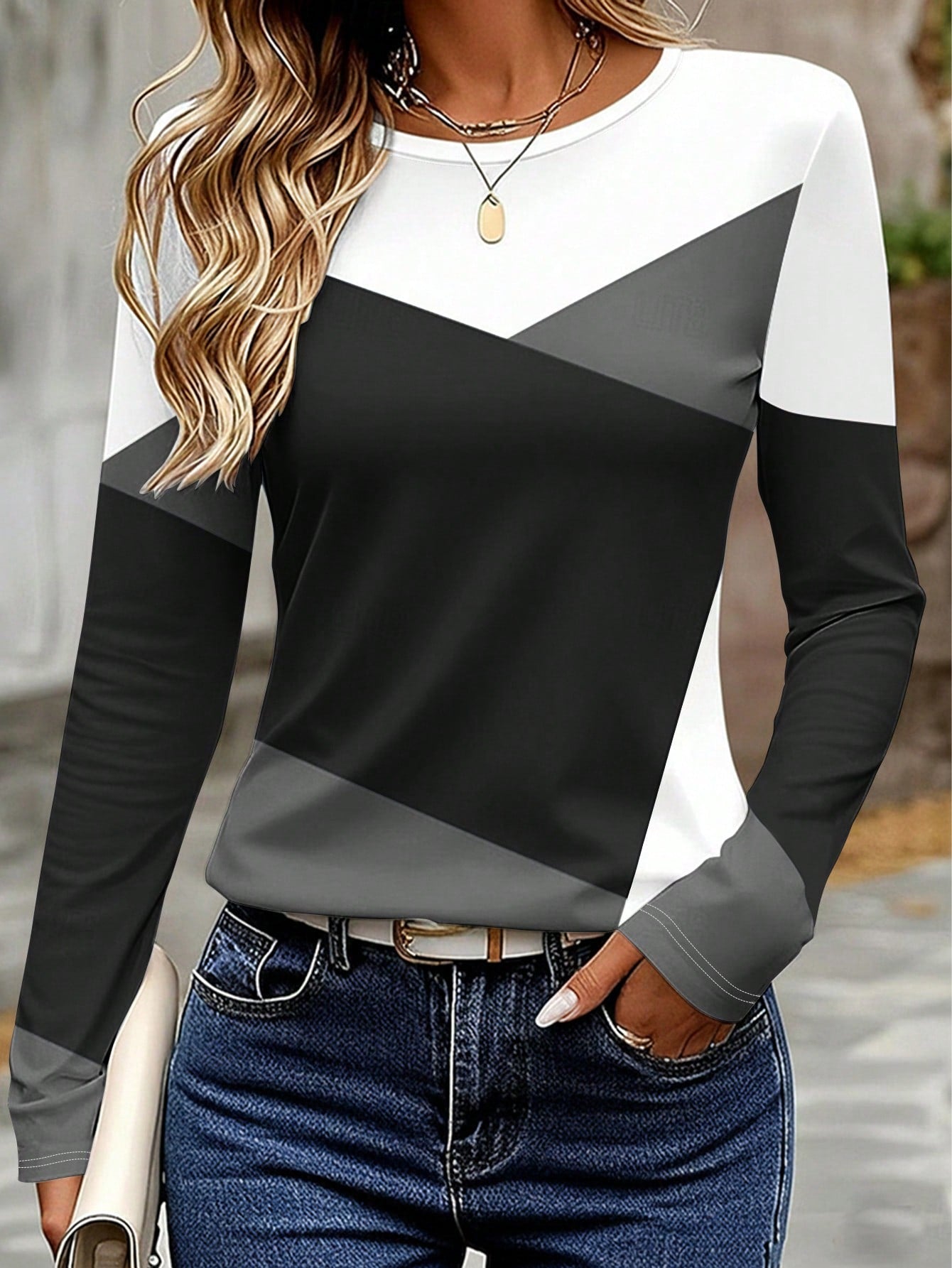LUNE Plus Size Long Sleeve T-Shirt, Autumn Outdoor Top, Black And White Contrast Print Pattern, Graphic Design, Daily Wear, Casual Versatile, Outdoor, Commute Style