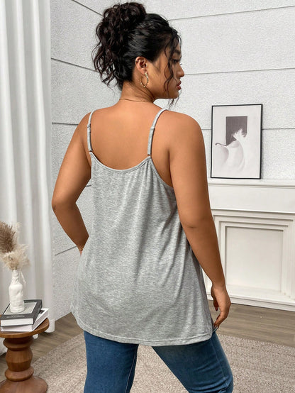 LUNE Plus Size Women Gray Knit Loose, Lightweight, Pleated Sexy Camisole Top, Summer Lounge Office