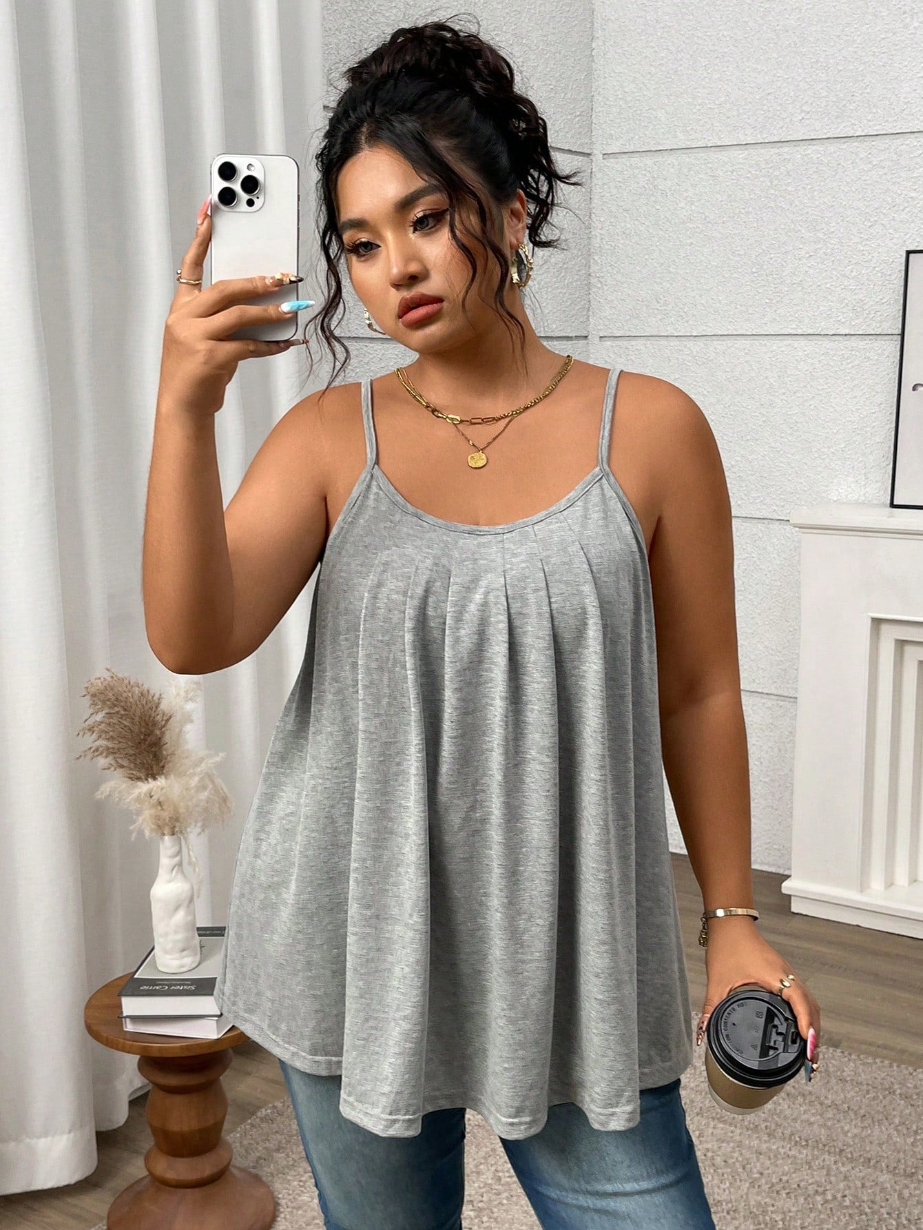 LUNE Plus Size Women Gray Knit Loose, Lightweight, Pleated Sexy Camisole Top, Summer Lounge Office