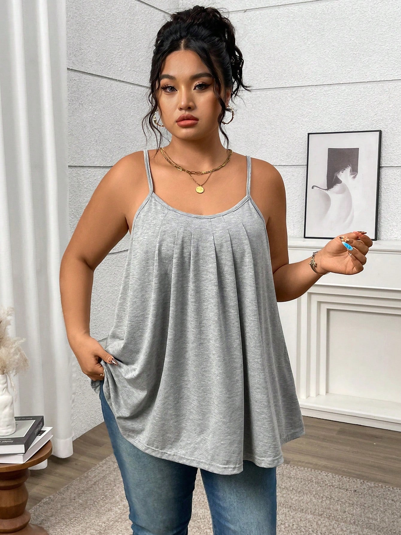 LUNE Plus Size Women Gray Knit Loose, Lightweight, Pleated Sexy Camisole Top, Summer Lounge Office