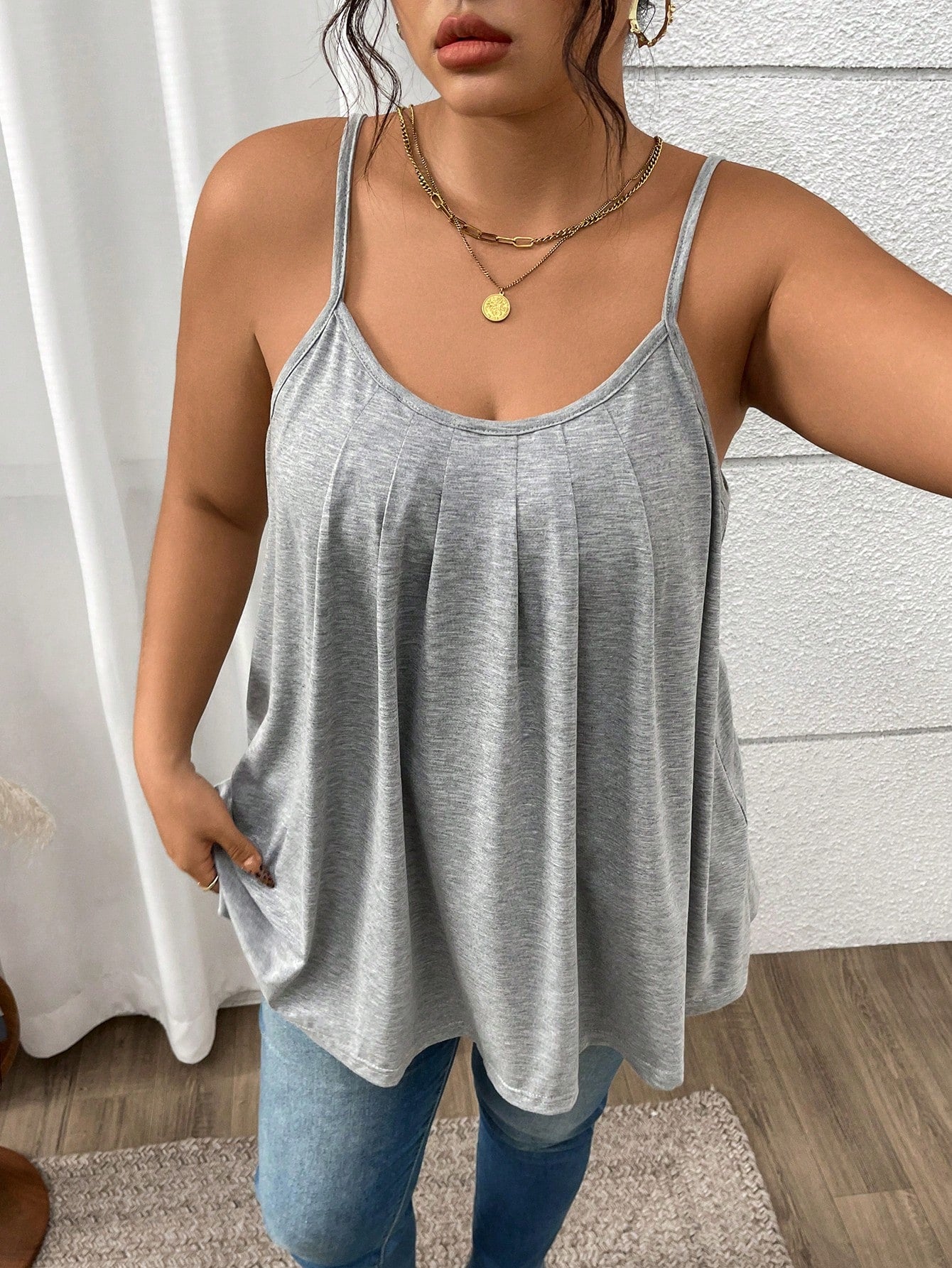 LUNE Plus Size Women Gray Knit Loose, Lightweight, Pleated Sexy Camisole Top, Summer Lounge Office