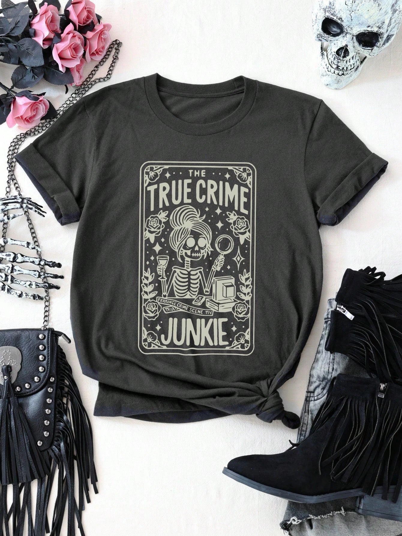 LUNE Skeleton Girl Slogan Round Neck Short Sleeve Fashion Women Plus Size T-Shirt