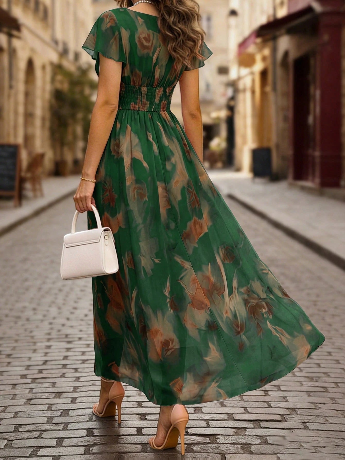 LUNE V-Neck Elegant Ruffle Hem Floral Print Waist Cinched A-Line Midi Dress, Romantic & Fashionable For Holiday