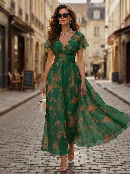 LUNE V-Neck Elegant Ruffle Hem Floral Print Waist Cinched A-Line Midi Dress, Romantic & Fashionable For Holiday