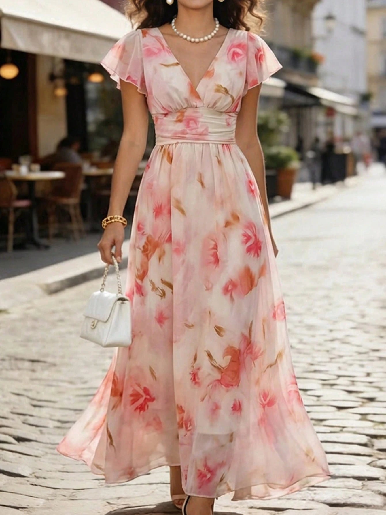 LUNE V-Neck Elegant Ruffle Hem Floral Print Waist Cinched A-Line Midi Dress, Romantic & Fashionable For Holiday