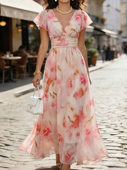 LUNE V-Neck Elegant Ruffle Hem Floral Print Waist Cinched A-Line Midi Dress, Romantic & Fashionable For Holiday