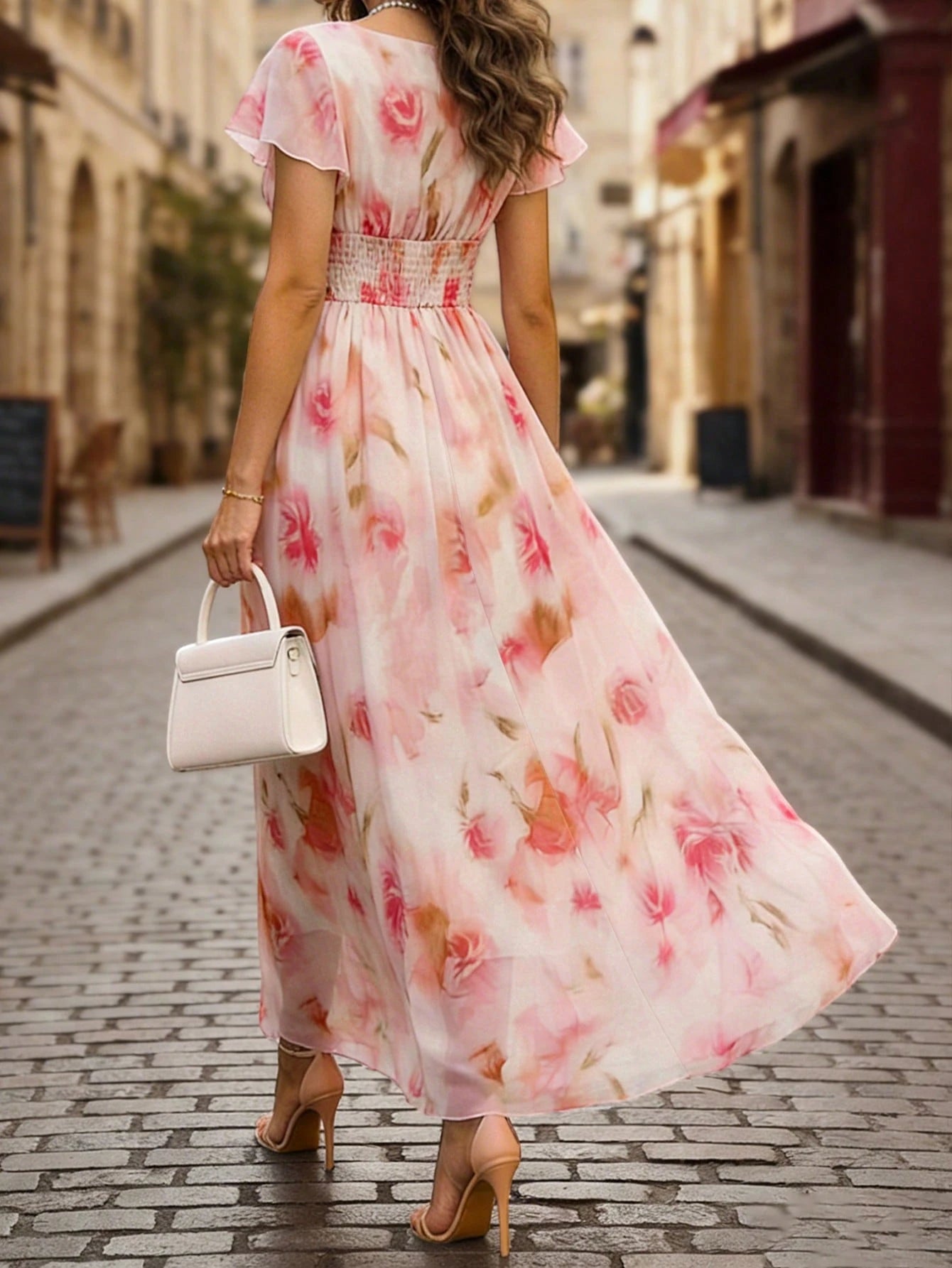 LUNE V-Neck Elegant Ruffle Hem Floral Print Waist Cinched A-Line Midi Dress, Romantic & Fashionable For Holiday