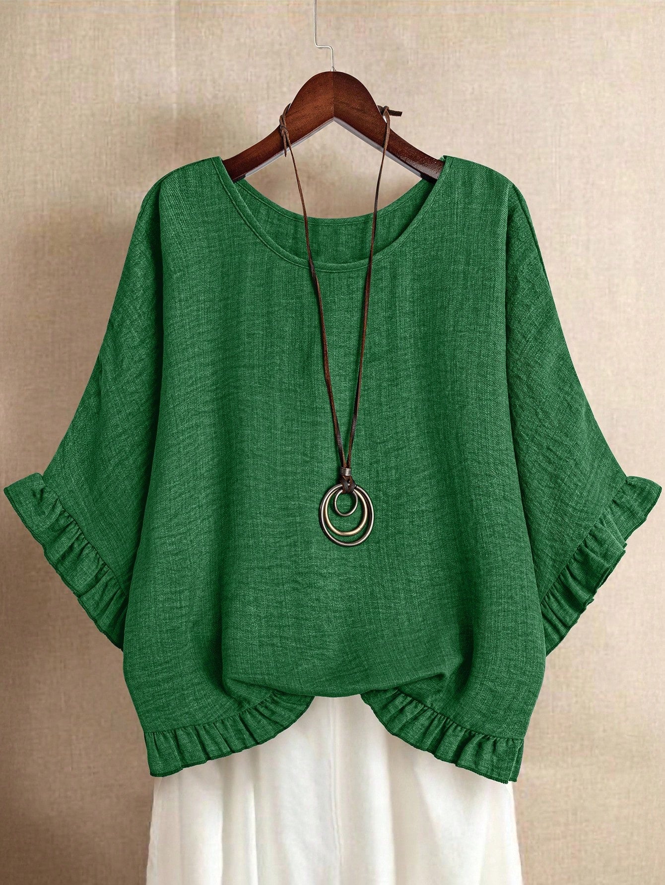 LUNE Women Plus Size Solid Color Round Neck Batwing Sleeve Loose Frill Trim Blouse