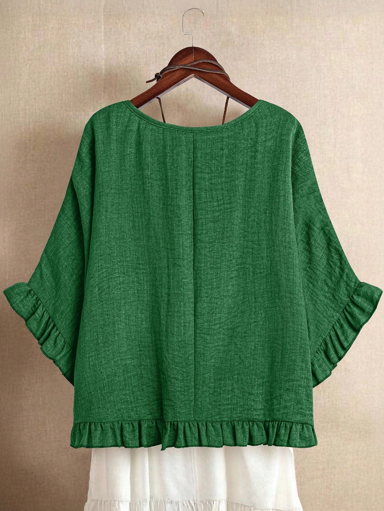 LUNE Women Plus Size Solid Color Round Neck Batwing Sleeve Loose Frill Trim Blouse