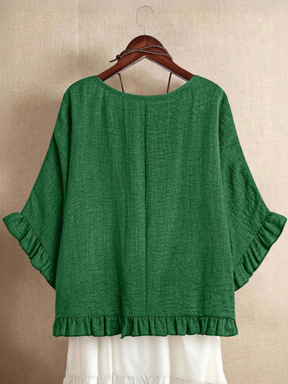 LUNE Women Plus Size Solid Color Round Neck Batwing Sleeve Loose Frill Trim Blouse