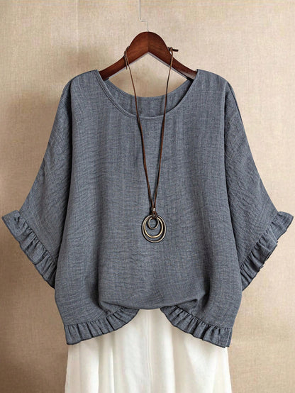 LUNE Women Plus Size Solid Color Round Neck Batwing Sleeve Loose Frill Trim Blouse