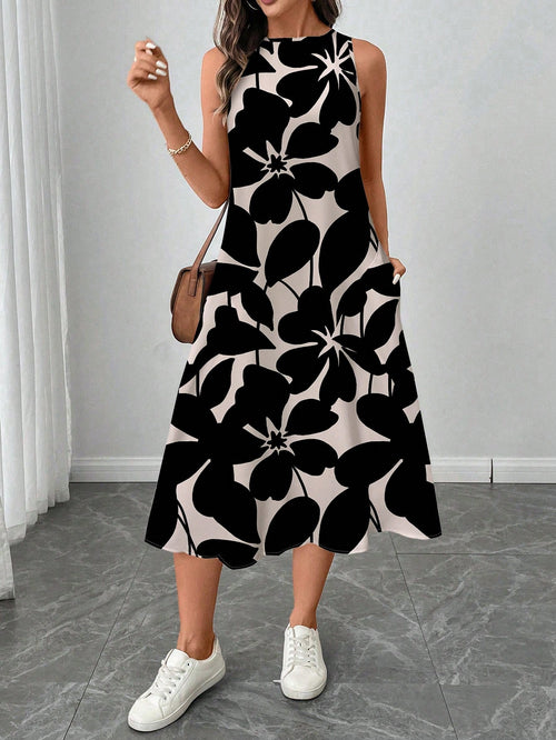 LUNE Women's Casual Beige Floral Print Mid-Length Dress, Suitable For Spring/Summer Holiday,Sun Dresses Women,Shirt Chic Vacation