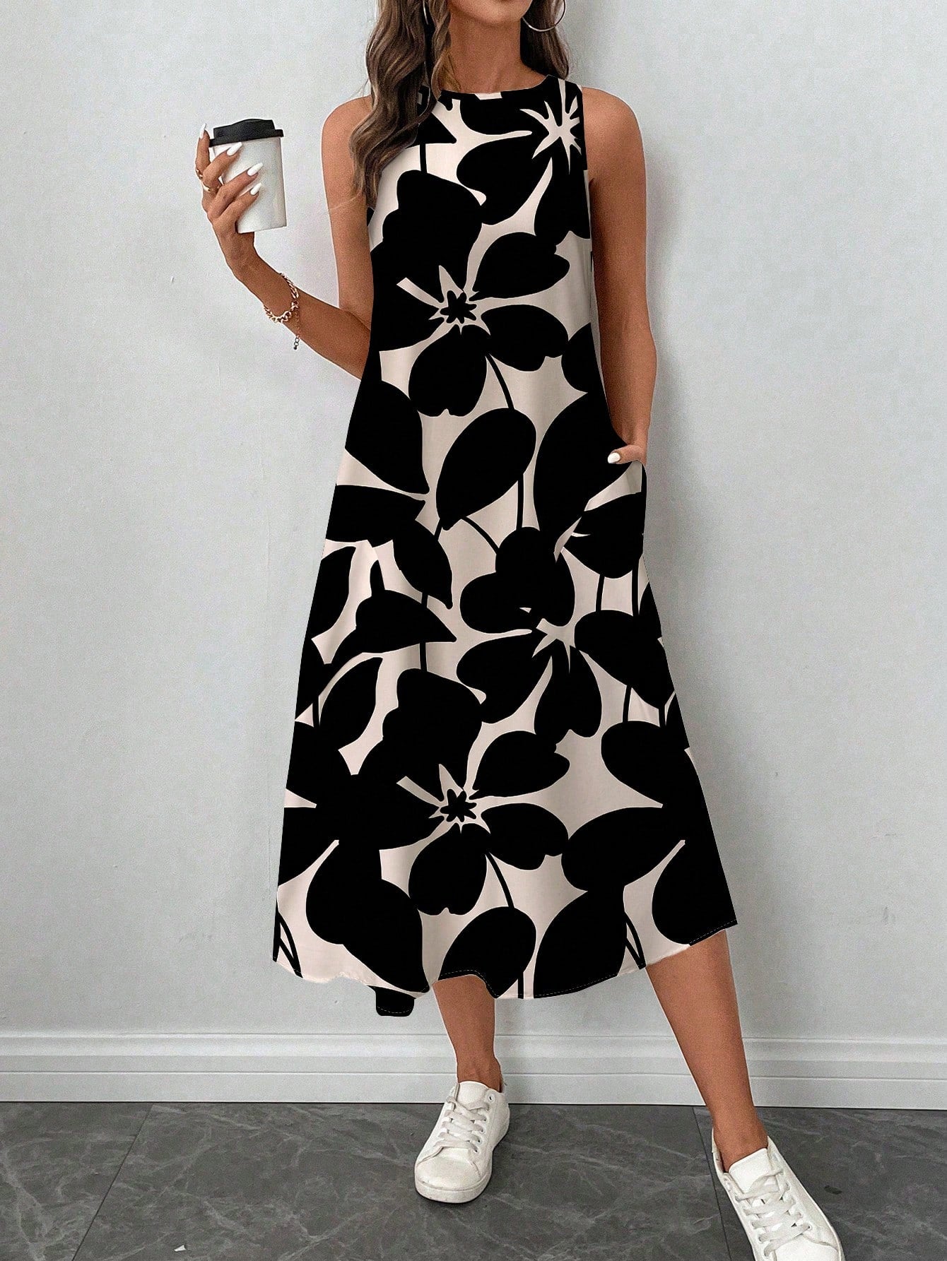 LUNE Women's Casual Beige Floral Print Mid-Length Dress, Suitable For Spring/Summer Holiday,Sun Dresses Women,Shirt Chic Vacation