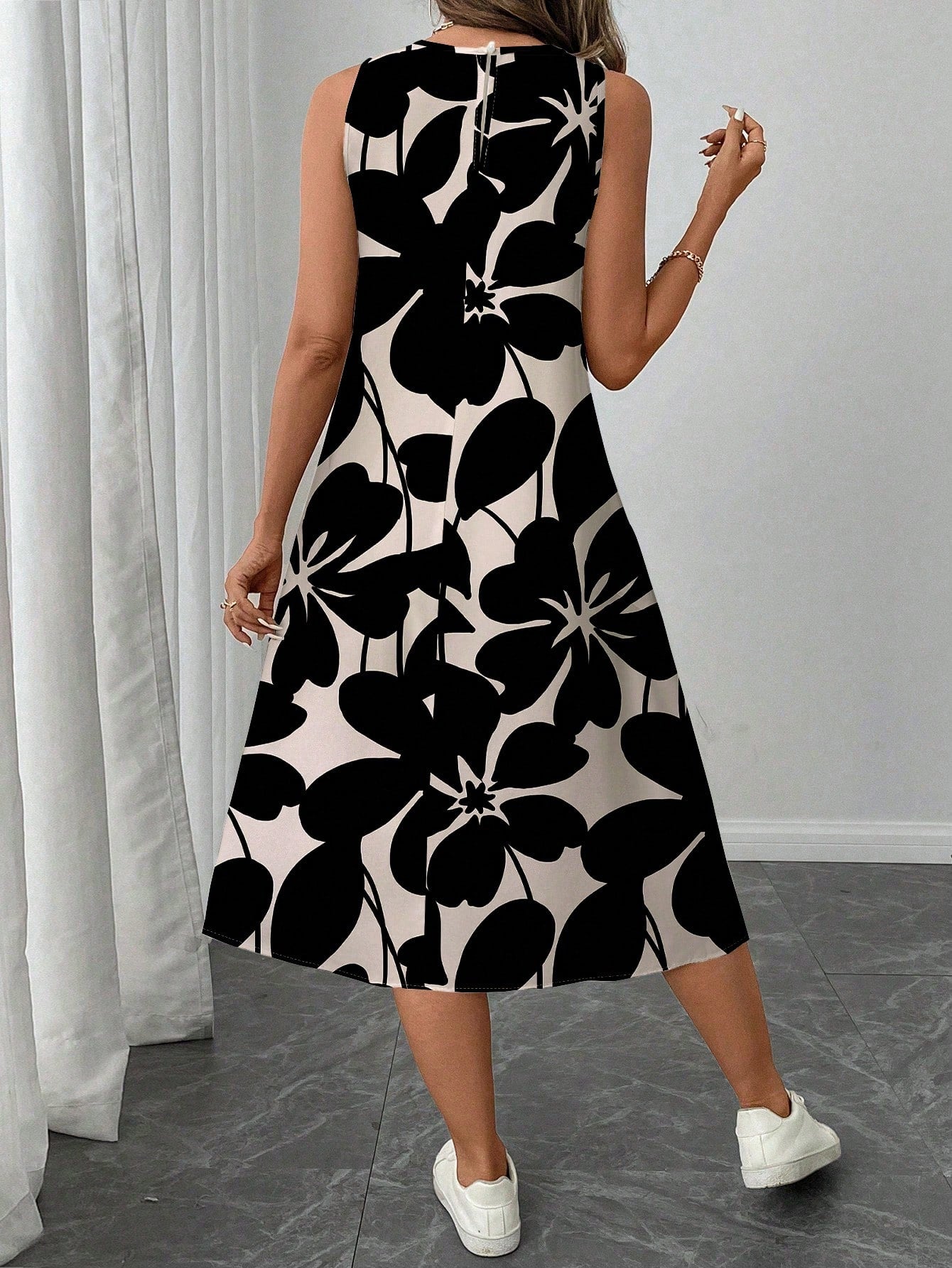 LUNE Women's Casual Beige Floral Print Mid-Length Dress, Suitable For Spring/Summer Holiday,Sun Dresses Women,Shirt Chic Vacation