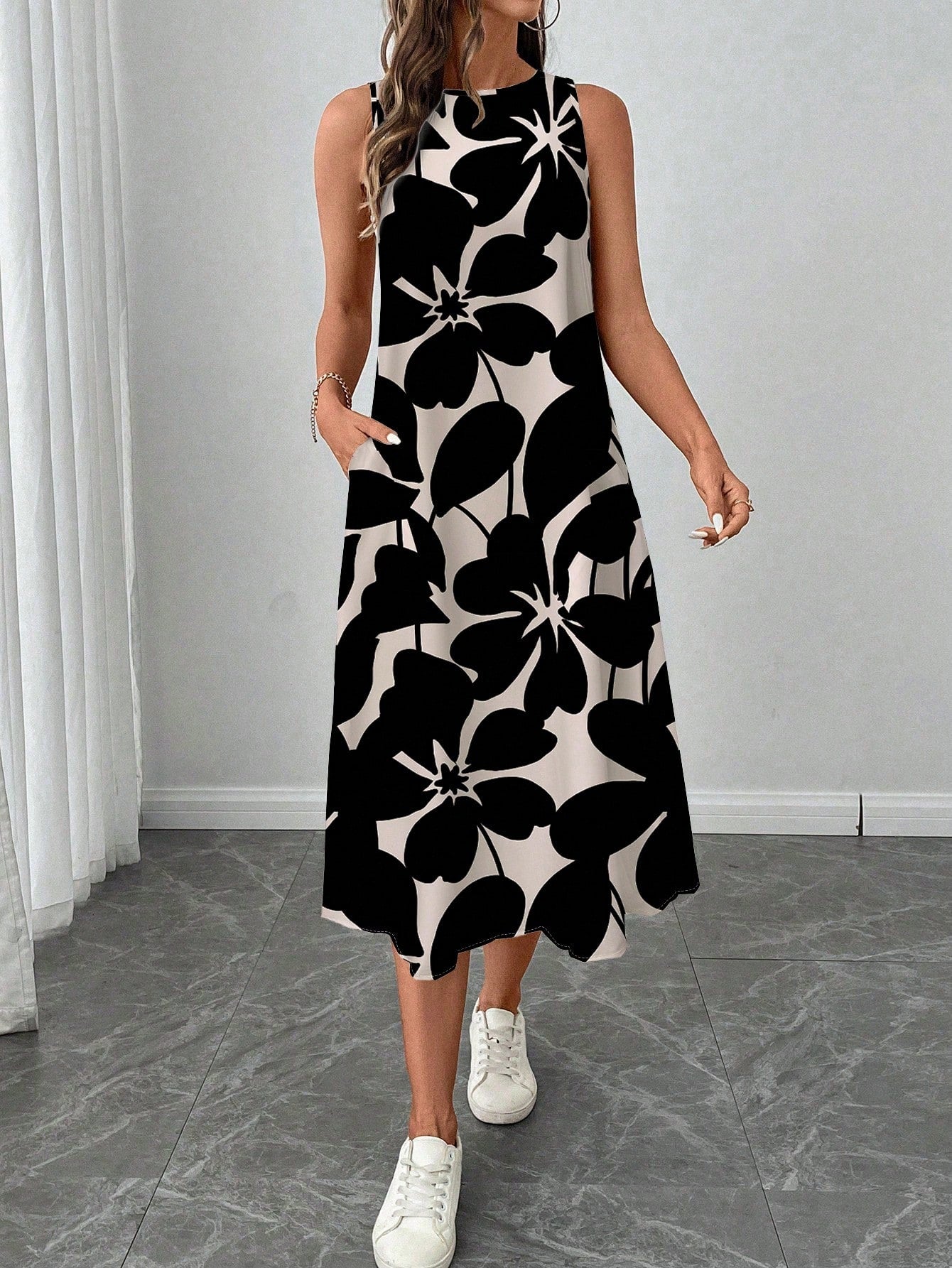 LUNE Women's Casual Beige Floral Print Mid-Length Dress, Suitable For Spring/Summer Holiday,Sun Dresses Women,Shirt Chic Vacation