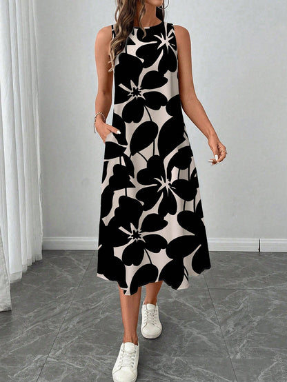 LUNE Women's Casual Beige Floral Print Mid-Length Dress, Suitable For Spring/Summer Holiday,Sun Dresses Women,Shirt Chic Vacation
