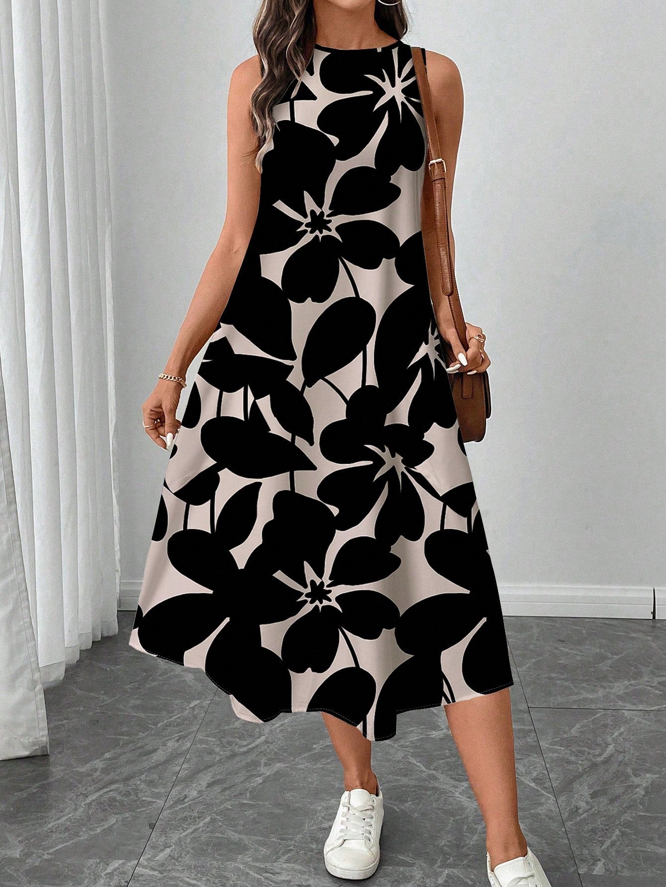 LUNE Women's Casual Beige Floral Print Mid-Length Dress, Suitable For Spring/Summer Holiday,Sun Dresses Women,Shirt Chic Vacation