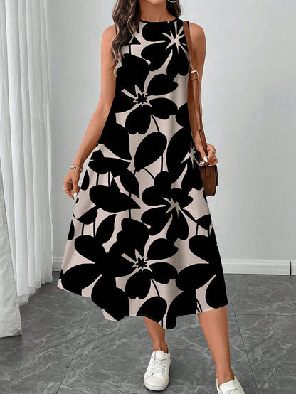 LUNE Women's Casual Beige Floral Print Mid-Length Dress, Suitable For Spring/Summer Holiday,Sun Dresses Women,Shirt Chic Vacation