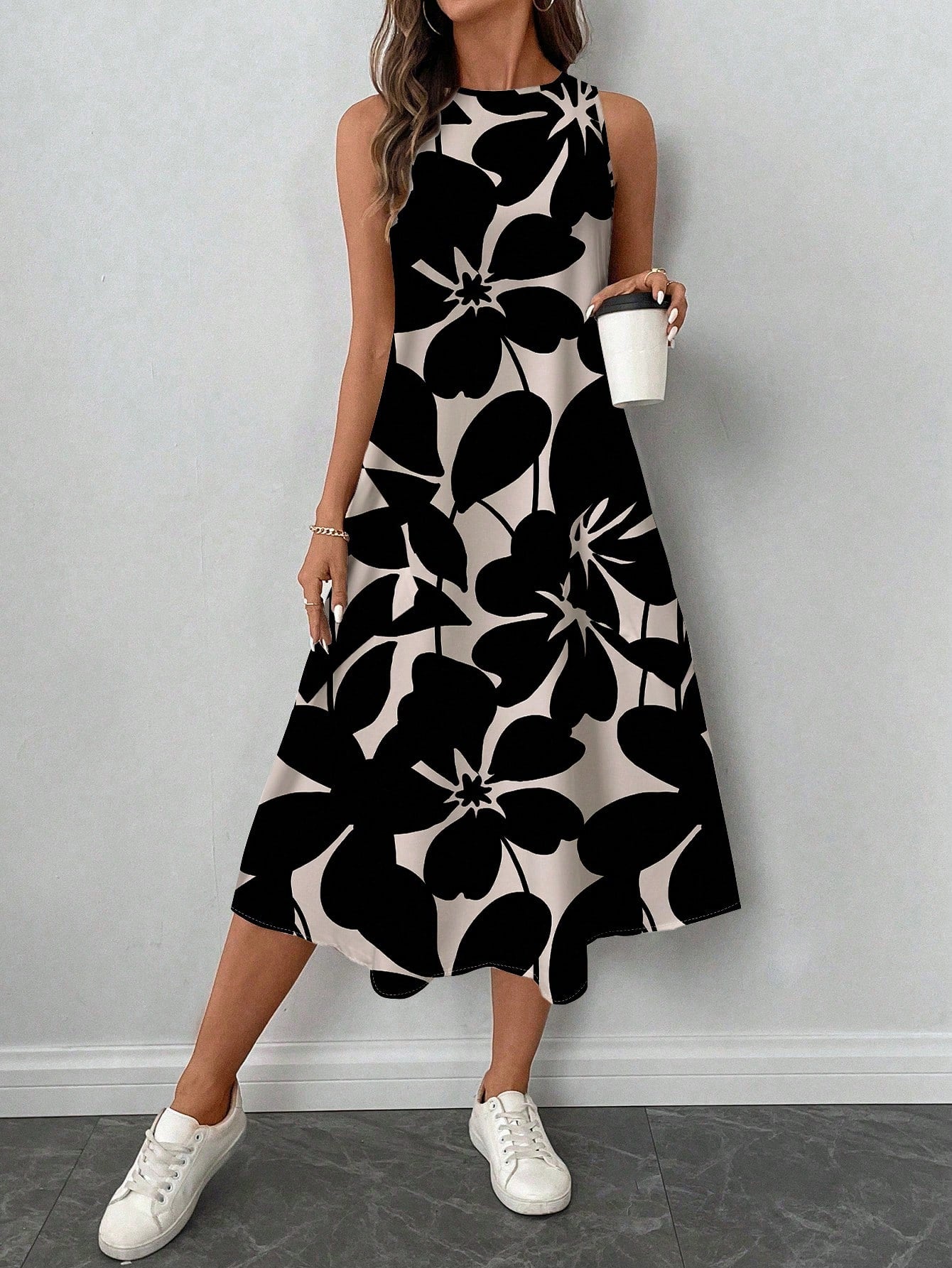 LUNE Women's Casual Beige Floral Print Mid-Length Dress, Suitable For Spring/Summer Holiday,Sun Dresses Women,Shirt Chic Vacation