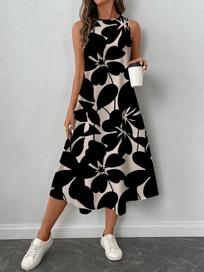 LUNE Women's Casual Beige Floral Print Mid-Length Dress, Suitable For Spring/Summer Holiday,Sun Dresses Women,Shirt Chic Vacation