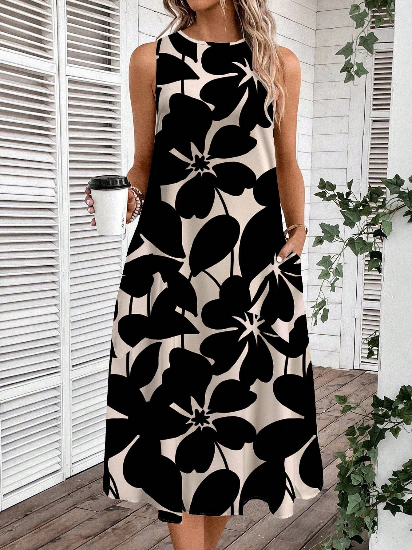 LUNE Women's Casual Beige Floral Print Mid-Length Dress, Suitable For Spring/Summer Holiday,Sun Dresses Women,Shirt Chic Vacation