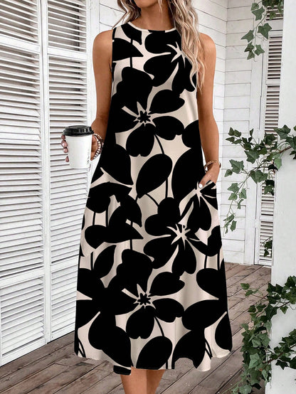 LUNE Women's Casual Beige Floral Print Mid-Length Dress, Suitable For Spring/Summer Holiday,Sun Dresses Women,Shirt Chic Vacation