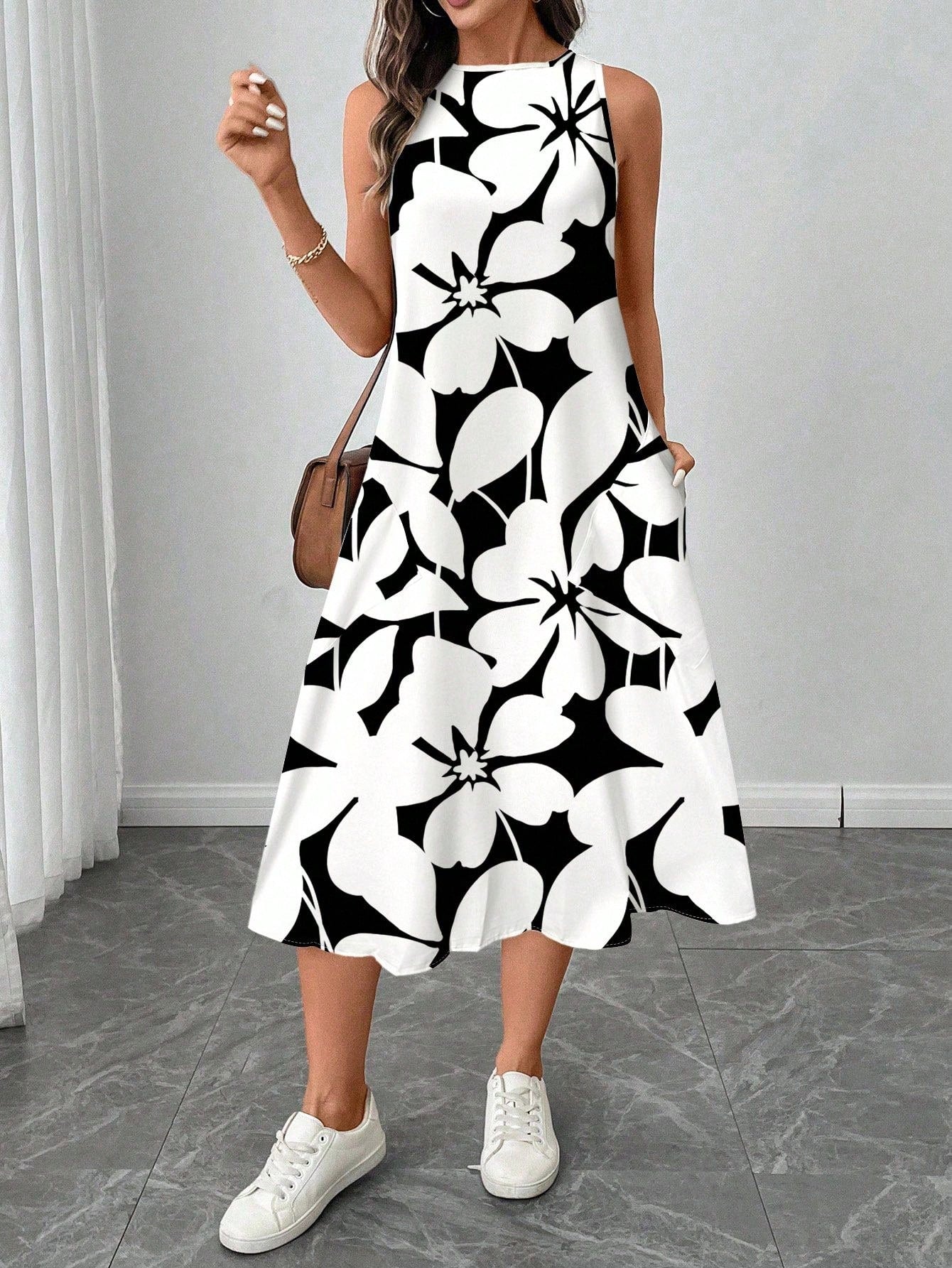 LUNE Women's Casual Beige Floral Print Mid-Length Dress, Suitable For Spring/Summer Holiday,Sun Dresses Women,Shirt Chic Vacation