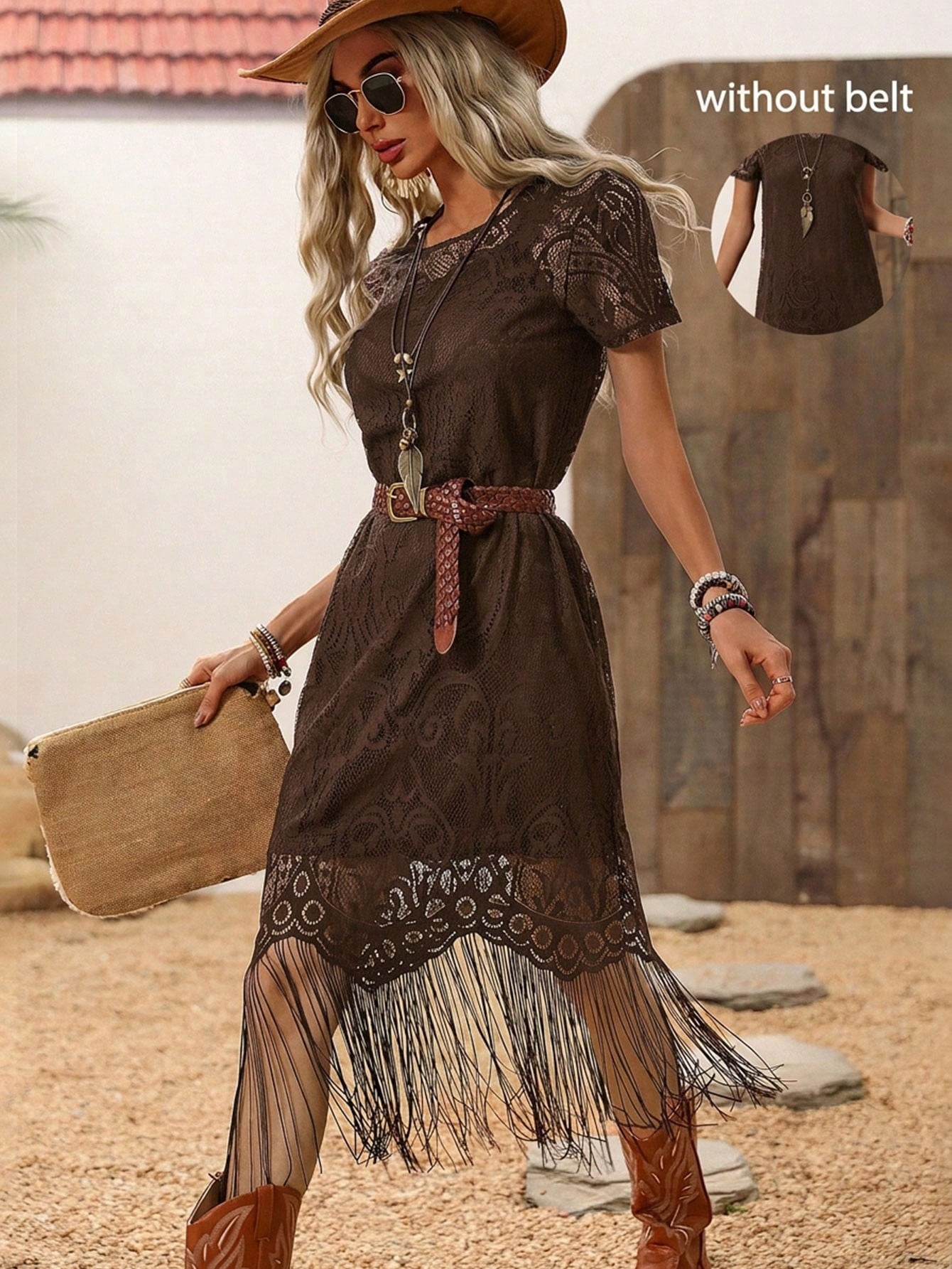 LUNE Women's Dark Brown Lace Tassel Short Sleeve Dress,Boho Chic Summer Country Western Concert Holiday,Bohemian Outfit,Vacation Resort Wear Holiday