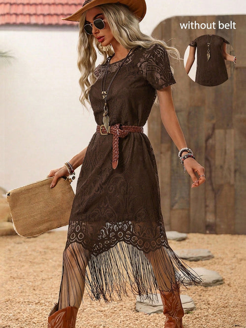 LUNE Women's Dark Brown Lace Tassel Short Sleeve Dress,Boho Chic Summer Country Western Concert Holiday,Bohemian Outfit,Vacation Resort Wear Holiday