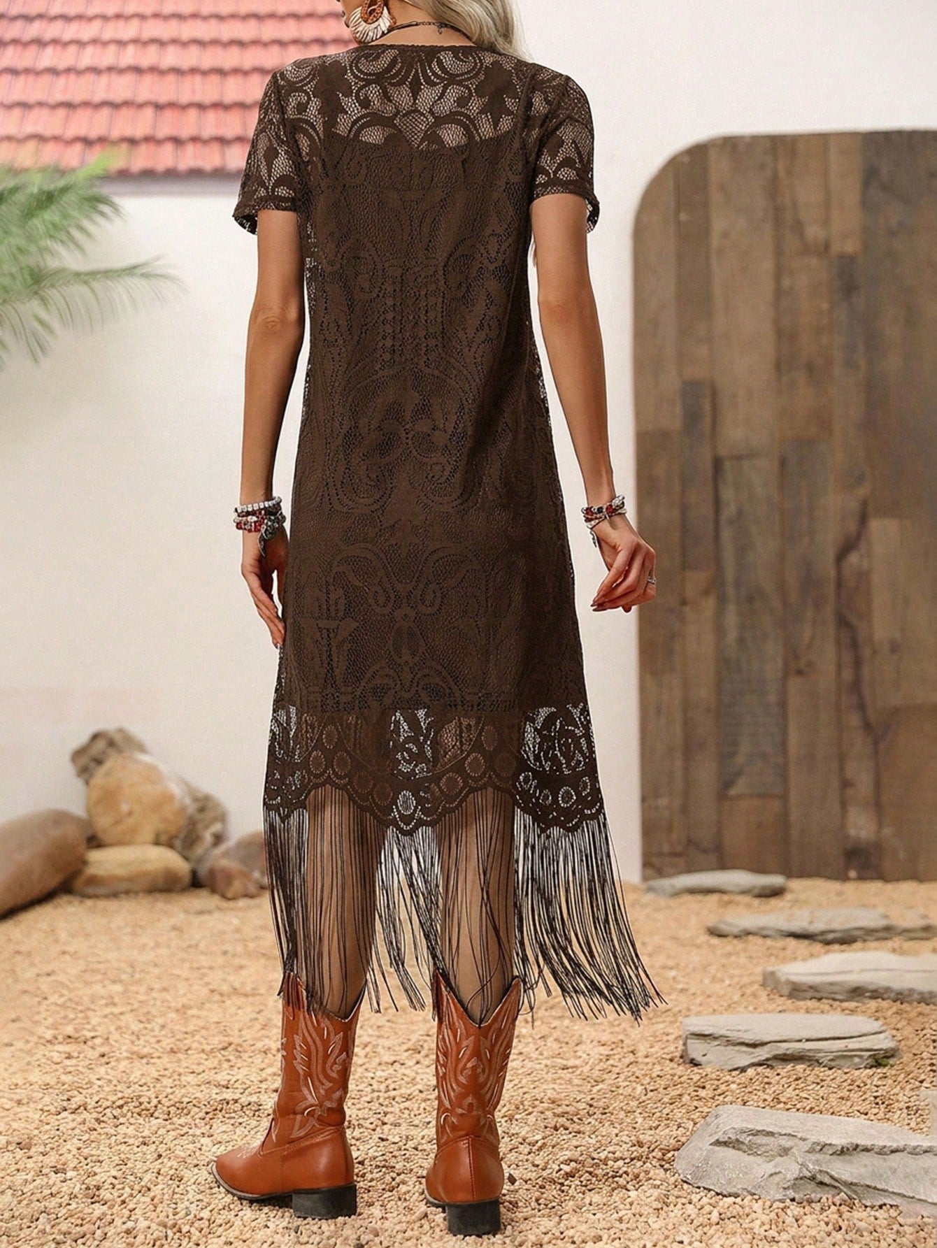 LUNE Women's Dark Brown Lace Tassel Short Sleeve Dress,Boho Chic Summer Country Western Concert Holiday,Bohemian Outfit,Vacation Resort Wear Holiday