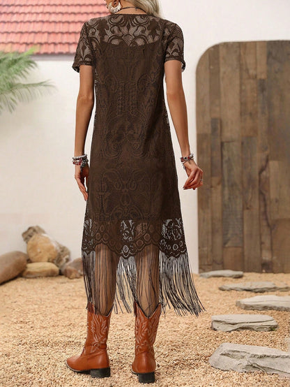 LUNE Women's Dark Brown Lace Tassel Short Sleeve Dress,Boho Chic Summer Country Western Concert Holiday,Bohemian Outfit,Vacation Resort Wear Holiday