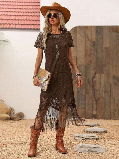 LUNE Women's Dark Brown Lace Tassel Short Sleeve Dress,Boho Chic Summer Country Western Concert Holiday,Bohemian Outfit,Vacation Resort Wear Holiday