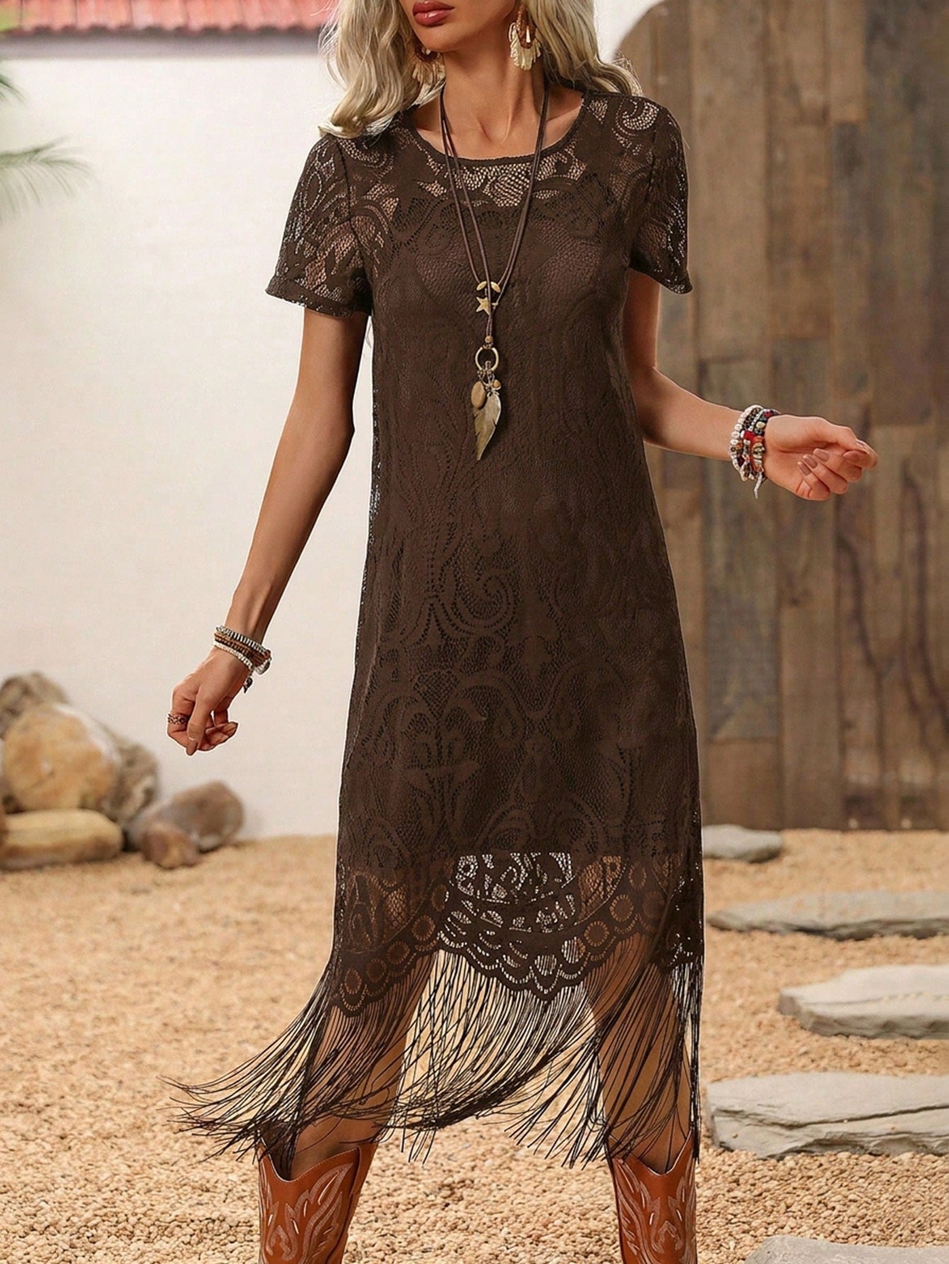 LUNE Women's Dark Brown Lace Tassel Short Sleeve Dress,Boho Chic Summer Country Western Concert Holiday,Bohemian Outfit,Vacation Resort Wear Holiday