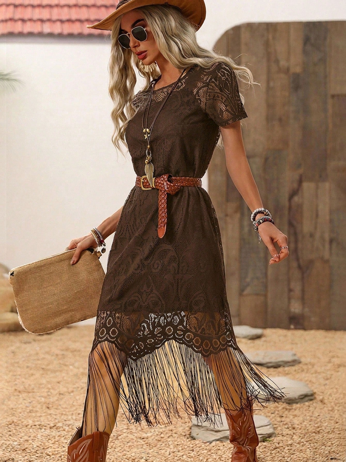 LUNE Women's Dark Brown Lace Tassel Short Sleeve Dress,Boho Chic Summer Country Western Concert Holiday,Bohemian Outfit,Vacation Resort Wear Holiday