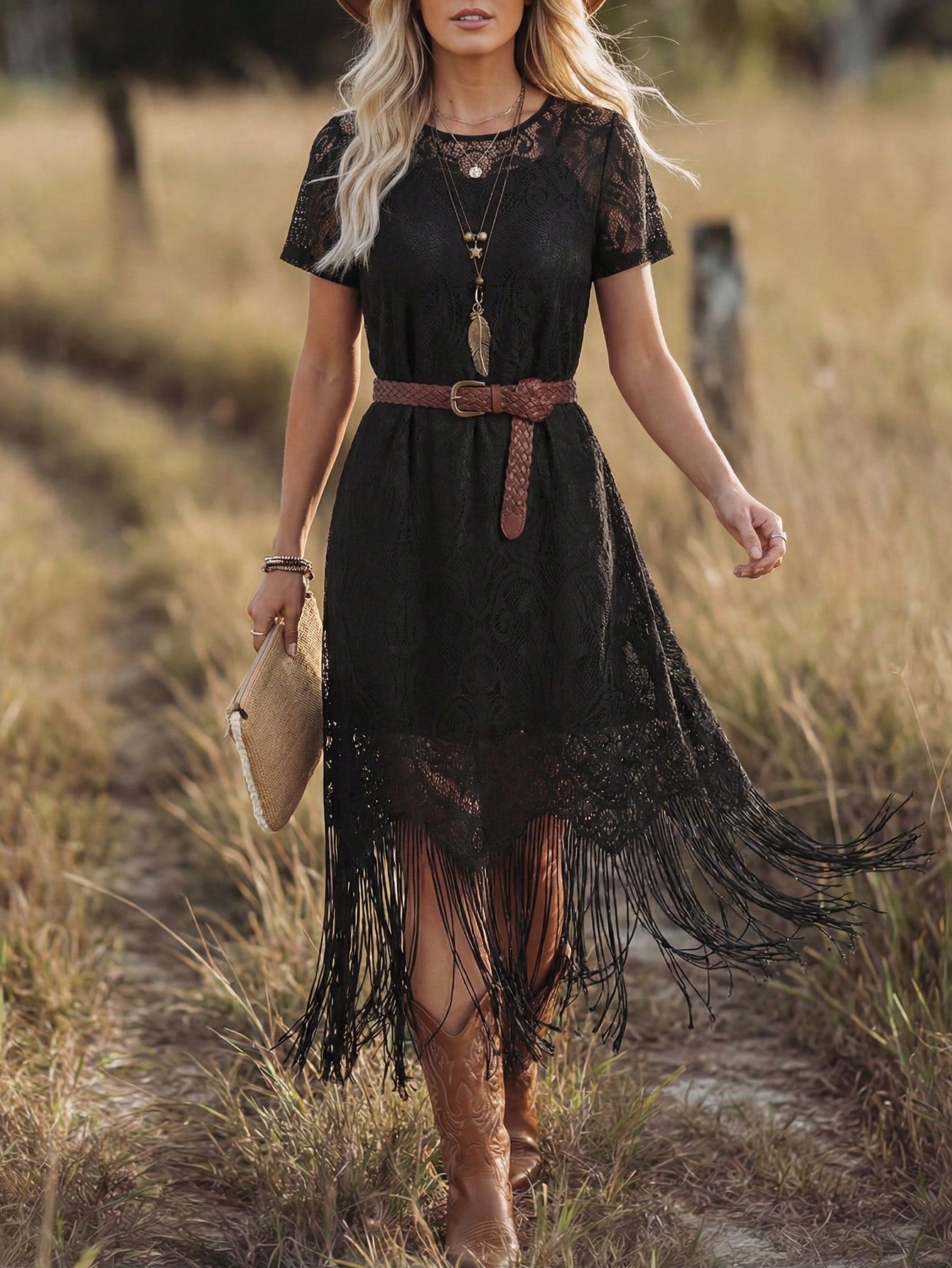 LUNE Women's Dark Brown Lace Tassel Short Sleeve Dress,Boho Chic Summer Country Western Concert Holiday,Bohemian Outfit,Vacation Resort Wear Holiday