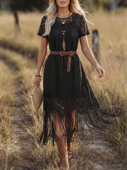 LUNE Women's Dark Brown Lace Tassel Short Sleeve Dress,Boho Chic Summer Country Western Concert Holiday,Bohemian Outfit,Vacation Resort Wear Holiday