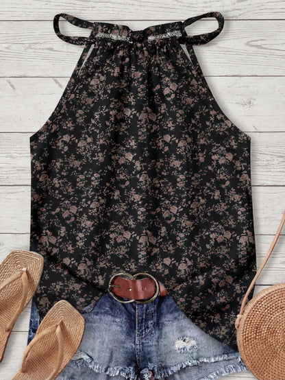 LUNE Women's Ditsy Floral Halter Neck Camisole, Suitable For Spring/Summer Vacation Black Floral Boho