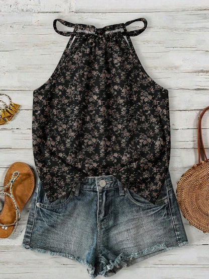 LUNE Women's Ditsy Floral Halter Neck Camisole, Suitable For Spring/Summer Vacation Black Floral Boho