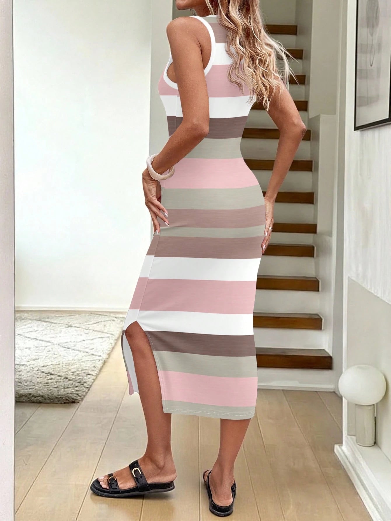 LUNE Women's Round Neck Fitted Colorblock White And Pink Midi Dress, Suitable For Vacation Suitable For Going Out Vacation Chic Dress,Casual Summer
