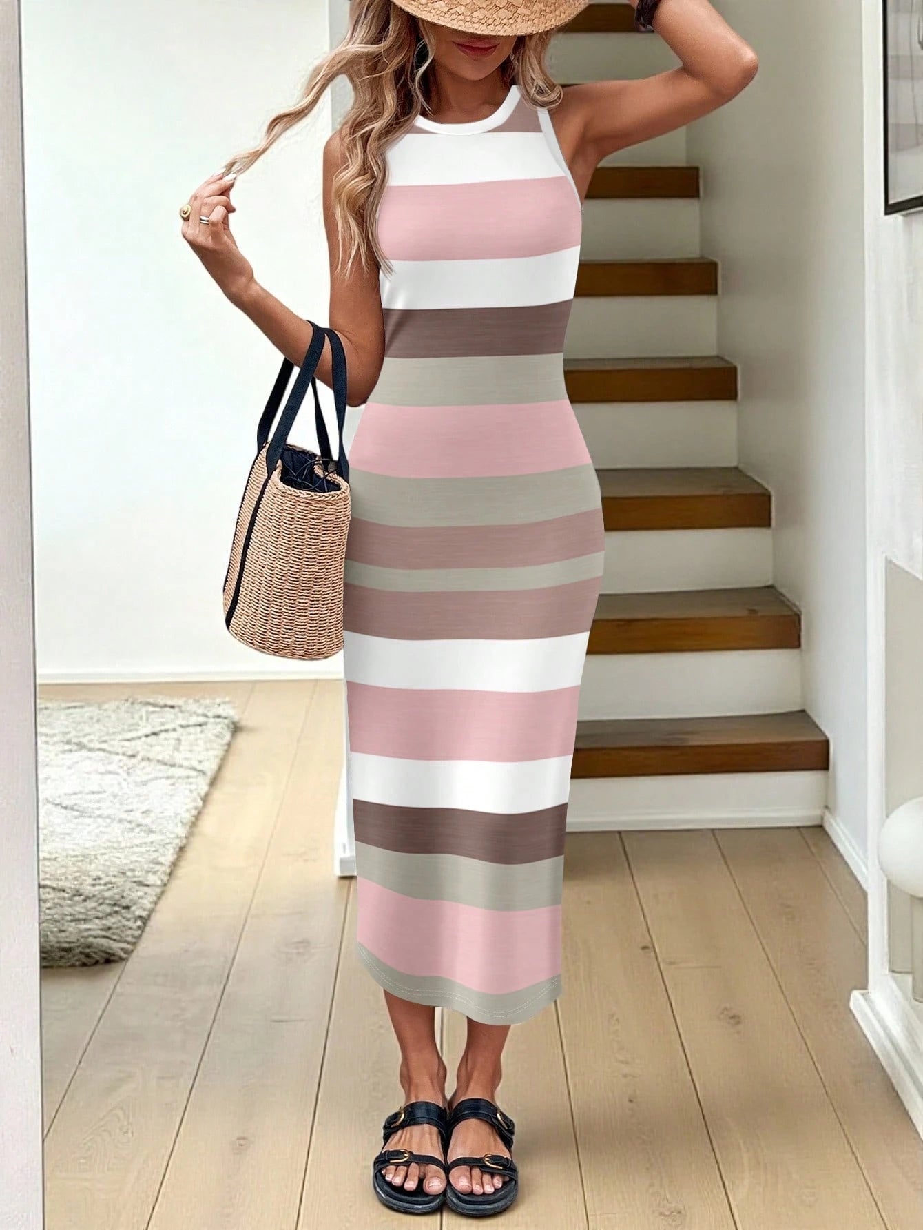 LUNE Women's Round Neck Fitted Colorblock White And Pink Midi Dress, Suitable For Vacation Suitable For Going Out Vacation Chic Dress,Casual Summer
