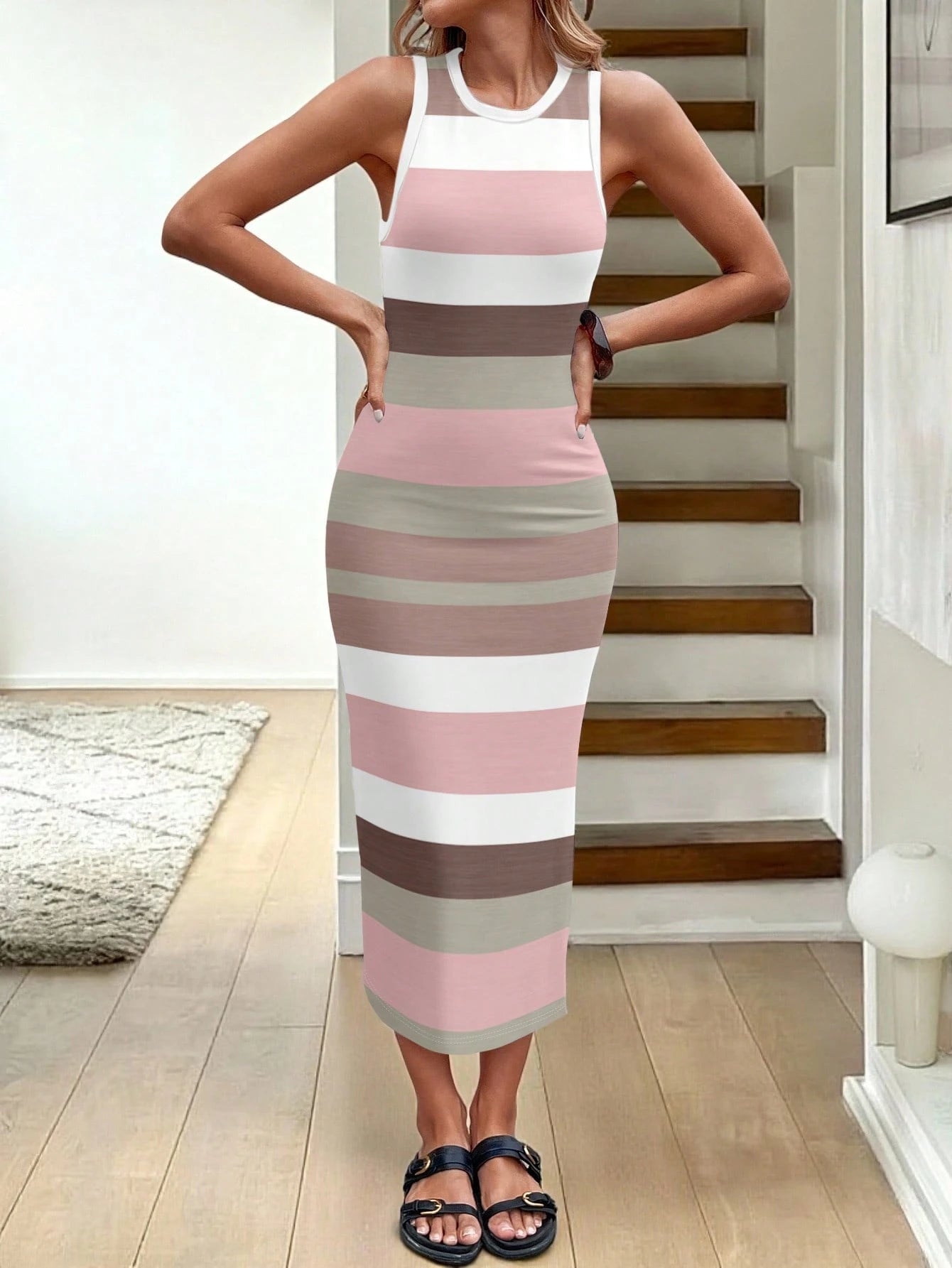 LUNE Women's Round Neck Fitted Colorblock White And Pink Midi Dress, Suitable For Vacation Suitable For Going Out Vacation Chic Dress,Casual Summer