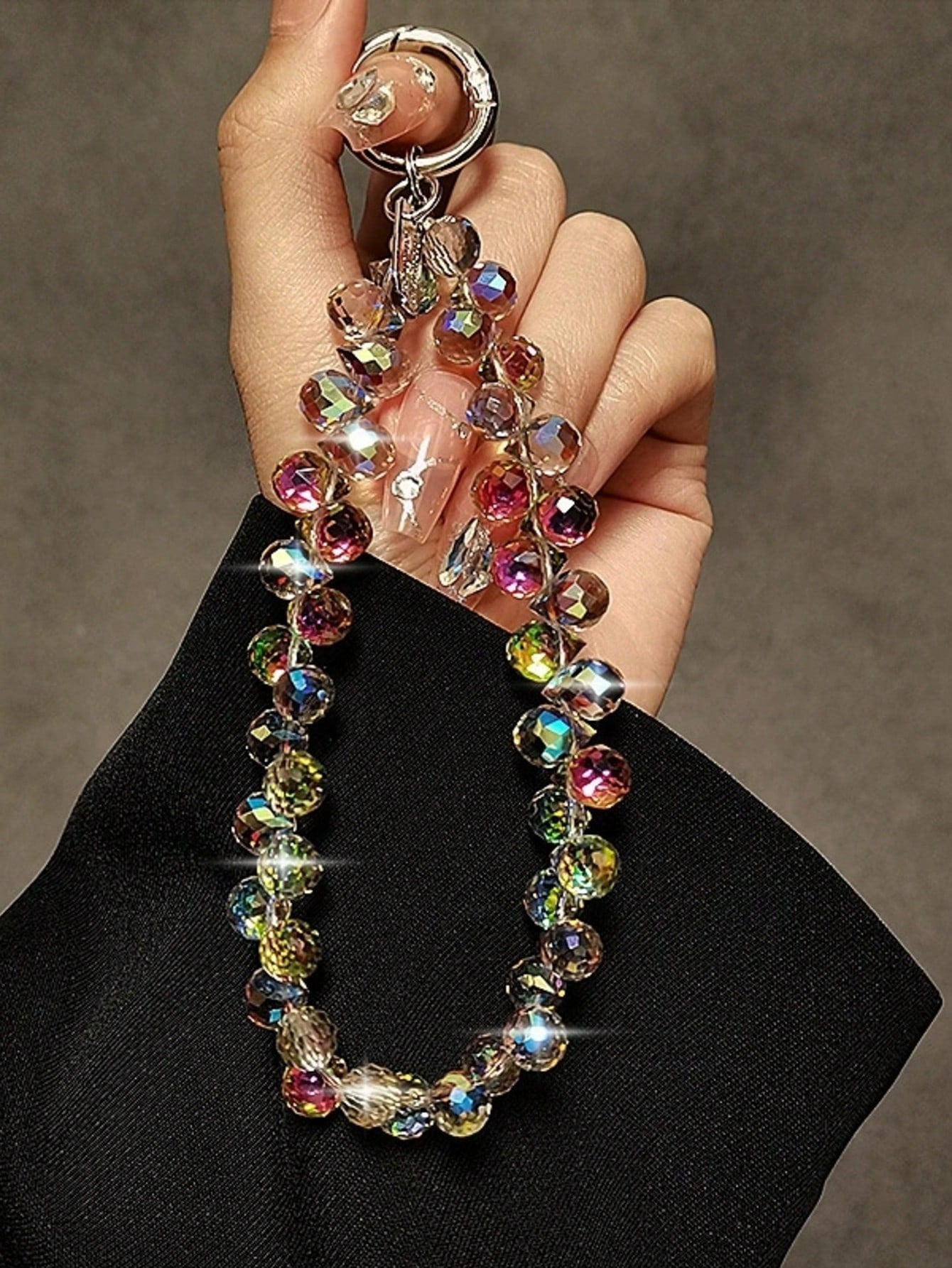 Luxury Crystal Bead Phone Strap, Short Chain Lanyard With Keychain, Premium Metallic Hand Strap For Phone & Bag