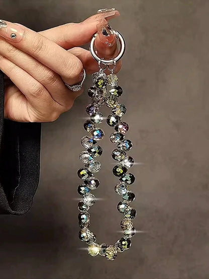 Luxury Crystal Bead Phone Strap, Short Chain Lanyard With Keychain, Premium Metallic Hand Strap For Phone & Bag