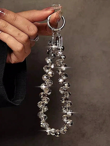 Luxury Crystal Bead Phone Strap, Short Chain Lanyard With Keychain, Premium Metallic Hand Strap For Phone & Bag