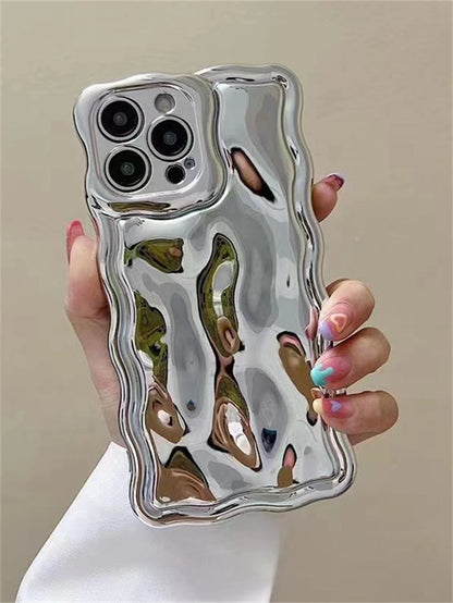 Luxury Mirror Element Novelty Silver Electroplated Wavy Mirror Premium Electroplated Floral Meteorite Pattern Silver Phone Case Compatible With IPhone 17/17 Pro Max/17/17 Air/17 Pro/16/16 Pro/16 Pro M