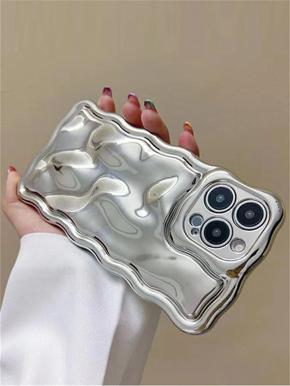 Luxury Mirror Element Novelty Silver Electroplated Wavy Mirror Premium Electroplated Floral Meteorite Pattern Silver Phone Case Compatible With IPhone 17/17 Pro Max/17/17 Air/17 Pro/16/16 Pro/16 Pro M