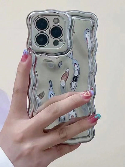 Luxury Mirror Element Novelty Silver Electroplated Wavy Mirror Premium Electroplated Floral Meteorite Pattern Silver Phone Case Compatible With IPhone 17/17 Pro Max/17/17 Air/17 Pro/16/16 Pro/16 Pro M