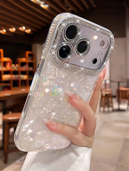 Luxury Sparkly Sequin Minimalist White Pearlescent Heart Pattern Premium Rhinestone Bright White Heart Acrylic Hard Phone Case Compatible With IPhone 17 Pro Max/17 Pro/17 Air/17/16 Pro Max/16/16 Pro/1
